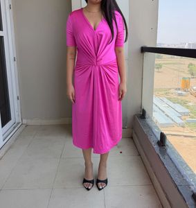 Vibrant Pink Twist Front Midi Dress