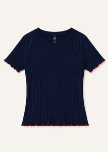 Navy Blue Ribbed Lettuce Trim Top