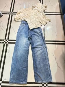 Cream Textured Puff Sleeve Top &amp; Wide Leg Jeans