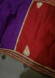 Embroidered Red &amp; Purple Saree with Blouse