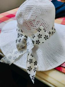 White Sun Hat with Floral Ribbon