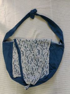 Denim Shoulder Bag with Lace Accent