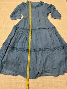 Blue Tiered Midi Dress with Ruffle Collar