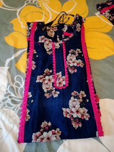 Navy Floral Kurta Set with Pink Trim