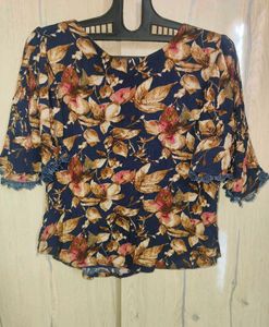 Beautiful Navy Blue Floral Top with Lace Detailing