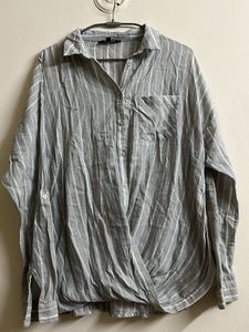 Grey Striped Wrap Front Shirt