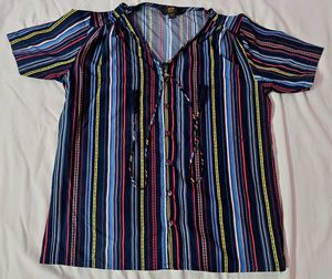 Striped V-Neck Tie Front Top