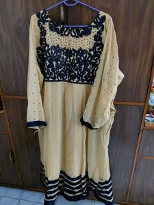 Elegant Beige Kurta with Navy Embroidery