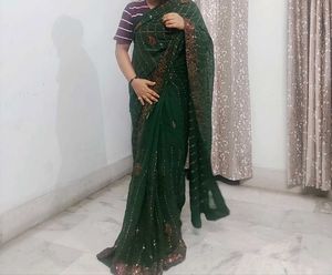 Elegant Green Sequined Saree attach blouse