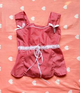 Red Gingham Corset Top with Lace Detail