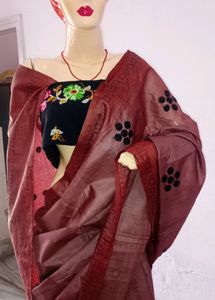 Pure Tussar Silk Block Print Sequin Work Saree