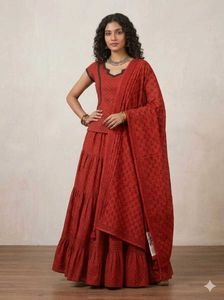 Red Block Print Lehenga Choli Set