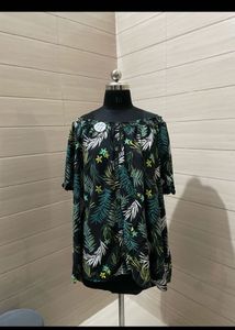 Tropical Print Button-Up Tunic Top