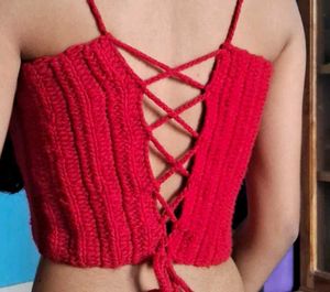 Red Crochet Lace-Up Crop Top