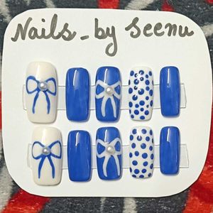 Reusable Blue &amp; White Bow Press-On Nails