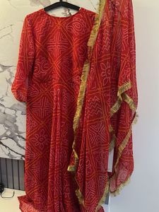 Pure Bandhani Print Gown with Golden Dupatta