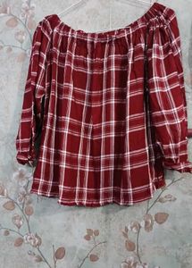 Maroon Plaid Off-Shoulder Top