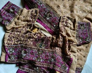 Embellished Beige Saree with Purple Border