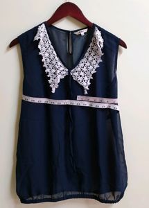 Navy Lace Collar Sleeveless Top