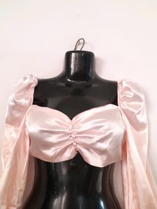 Pink Satin Puff Sleeve Crop Top