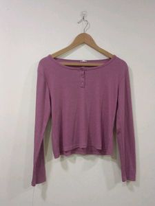 Purple Ribbed Henley Long Sleeve Top