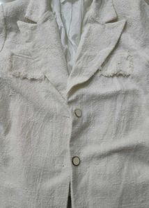 Cream Textured Fringed Blazer,tweed jacket
