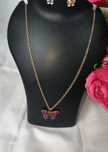 Elegant Gold Chain Metal Fark Pink Necklace & Eyer
