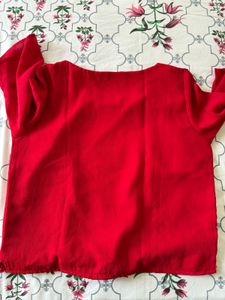 Vibrant Red Pleated Neckline Top