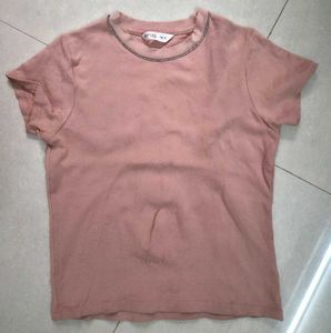 Pink Embellished Neck T-Shirt