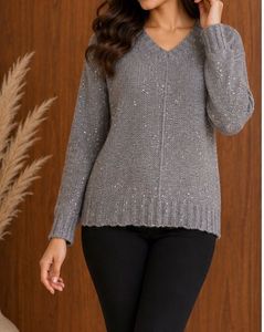 Sparkly Grey V-Neck Sweater