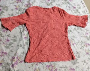 Coral Lace Trimmed Peasant Top