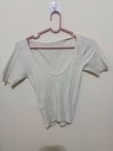 White Ribbed Knit Cropped Top