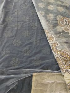 Grey And Cream Embroidery Printed Saree (Women's)