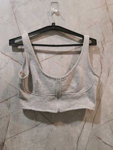 Grey Cropped Zip-Up Sweatshirt Top (size-M)