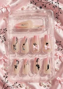 Pink Ombre Square Press-On Nails – Cute Bow &amp; Blac