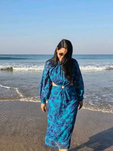 Blue Floral Print Cutout Midi Dress