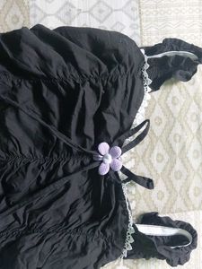 Black Lace Trim Ruched Top