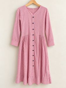 Pink Striped Button-Up kurti set