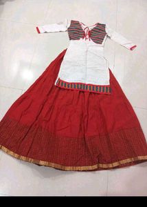Red Skirt with White Kurti & Jacket Set