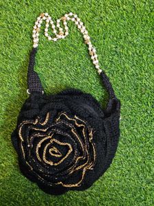 Black Crochet Flower Handbag
