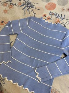 Cute Blue Striped Scalloped Top