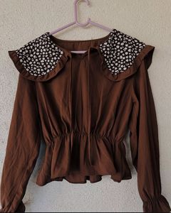 Brown Blouse with Floral Peter Pan Collar