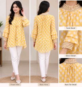 Yellow Polka Dot Kurta with Tiered Sleeves