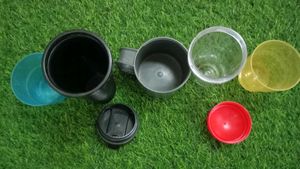 Plastic cups and bottles.