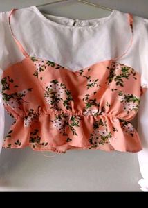 Cute Floral Crop Top with Sheer Sleeves