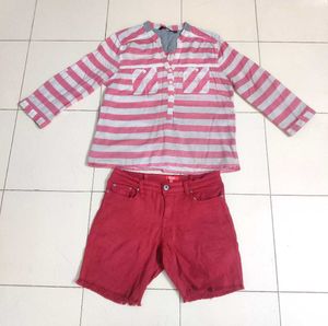 Pink Striped Tunic &amp; Red Shorts Set