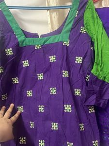 Purple &amp; Green Embroidered Kurta Set