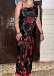 Elegant Black with Red Floral Print crepe saree