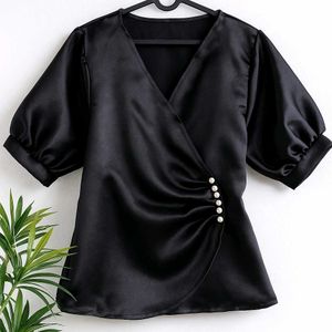 Elegant Black Blouse with Pearl Detail