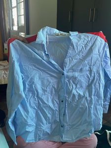 Men's Blue Button-Up Shirt with Red Stripe Detail